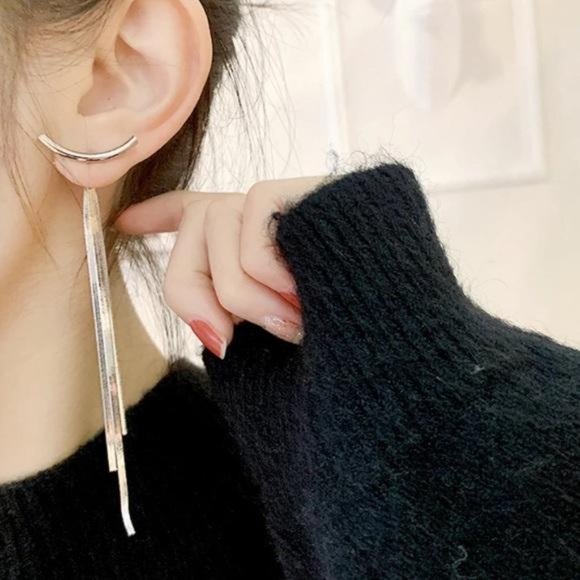 NEW STERLING SILVER BAR LONG TASSEL ARC EARRINGS - Picture 2 of 6